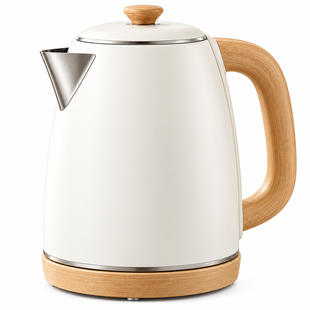 Laoiyae™ Ivory Electric Kettle with Wood-Tone Handle — full product view
