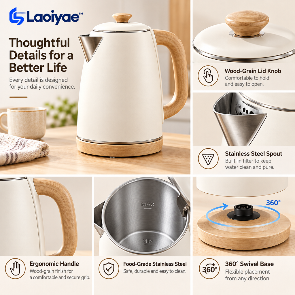 Laoiyae™ Ivory Electric Kettle with Wood-Tone Handle — supplied detail graphic; claims pending verification