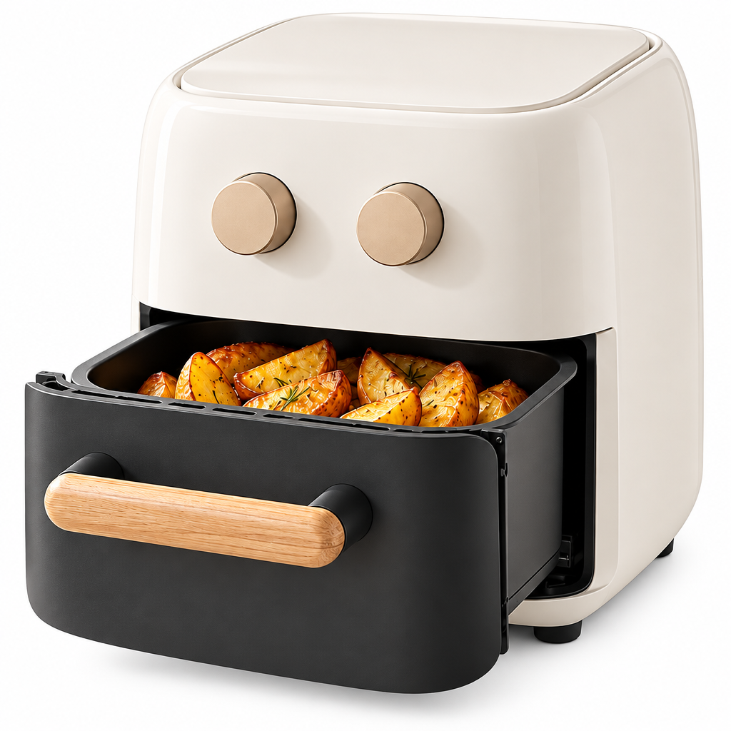 Laoiyae™ Ivory Drawer-Style Air Fryer with Dual Rotary Controls — full product view