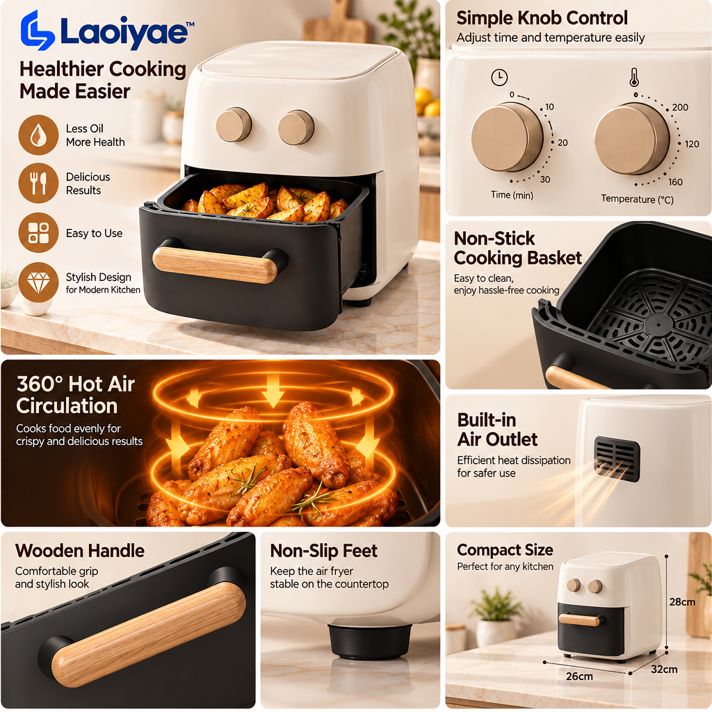 Laoiyae™ Ivory Drawer-Style Air Fryer with Dual Rotary Controls — supplied detail graphic; claims pending verification
