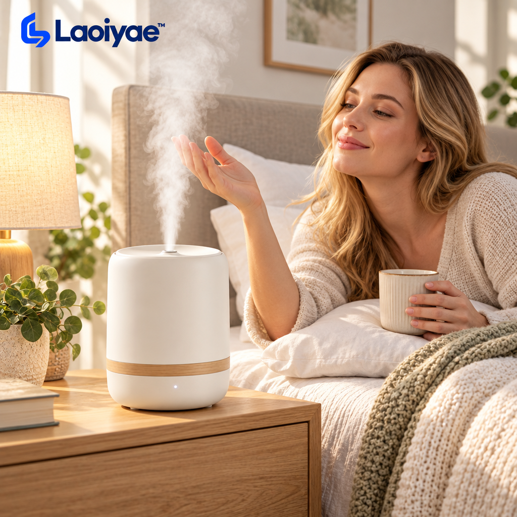 Laoiyae™ Ivory Cool-Mist Humidifier with Wood-Tone Accent — lifestyle scene