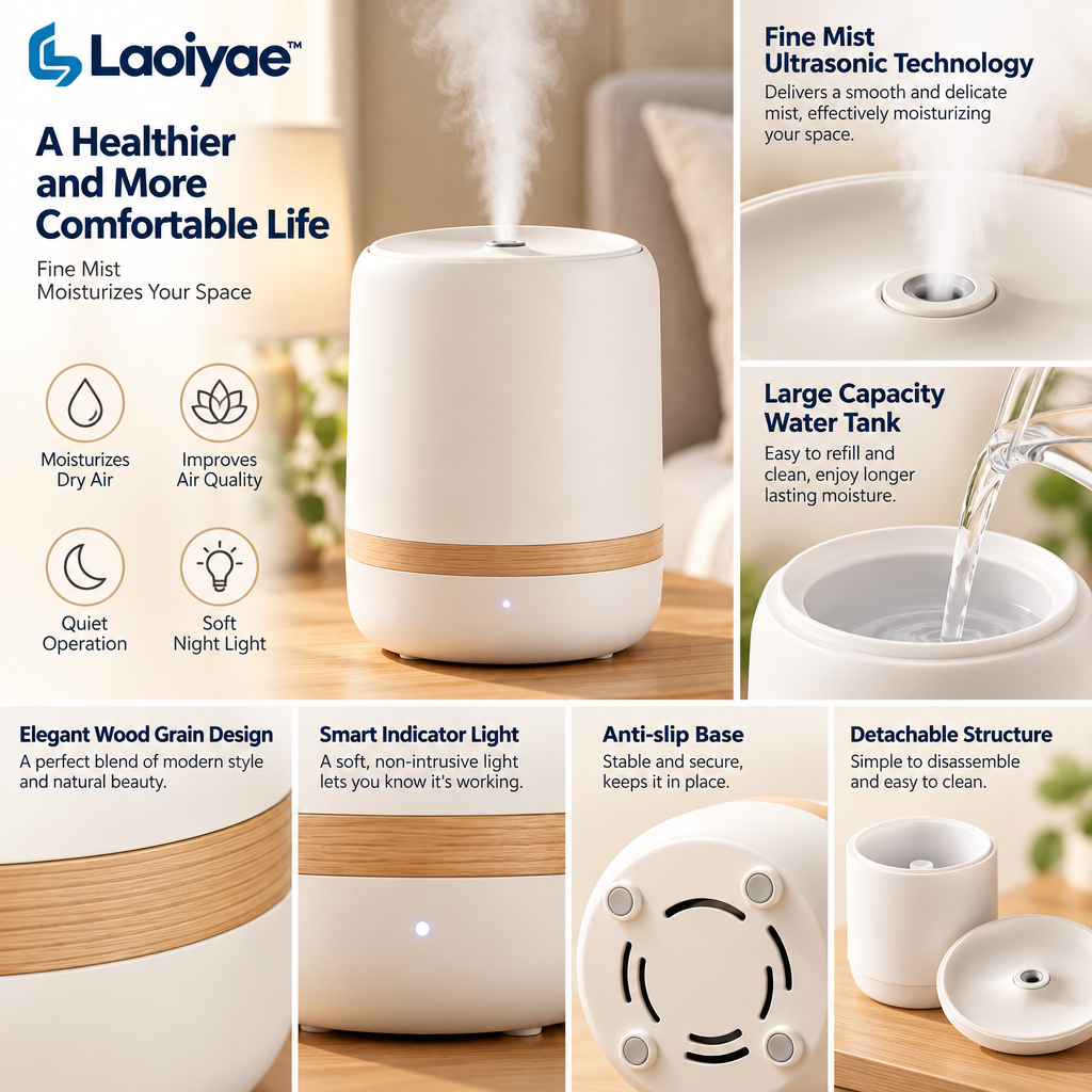 Laoiyae™ Ivory Cool-Mist Humidifier with Wood-Tone Accent — supplied detail graphic; claims pending verification