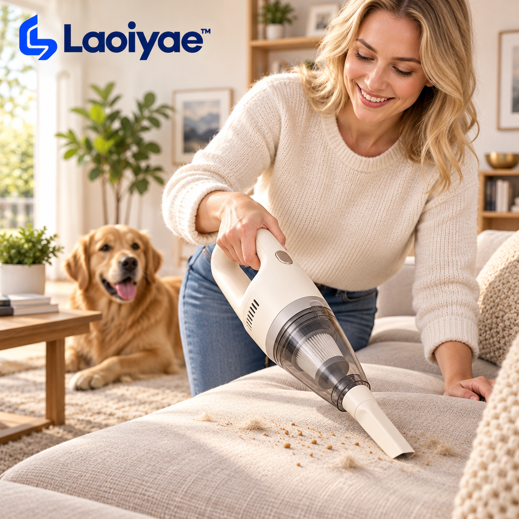 Laoiyae™ Ivory Cordless Handheld Vacuum with Crevice Nozzle — lifestyle scene