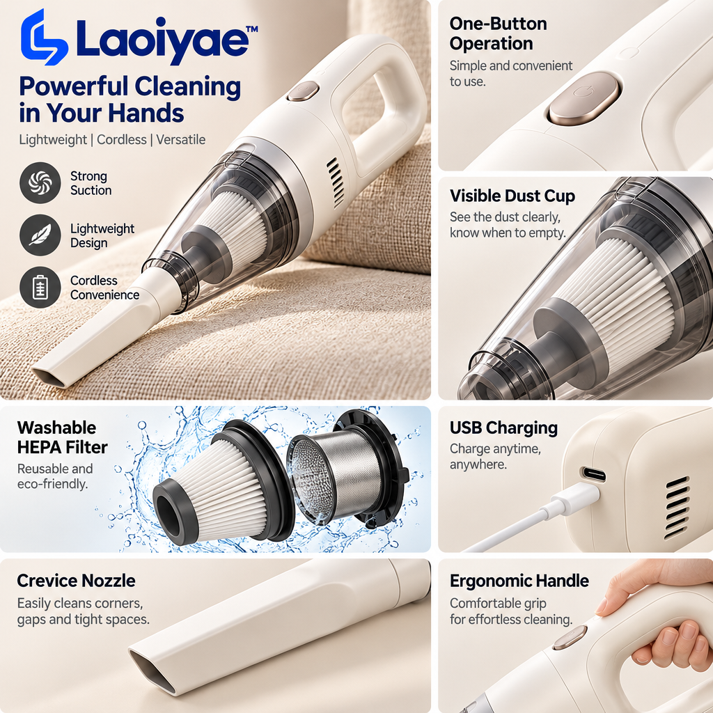 Laoiyae™ Ivory Cordless Handheld Vacuum with Crevice Nozzle — supplied detail graphic; claims pending verification