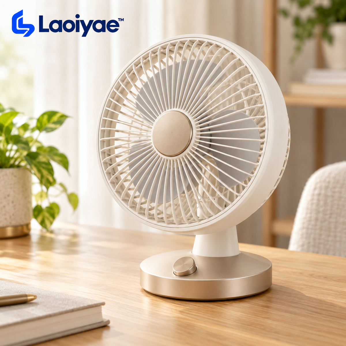 Laoiyae™ Ivory Desktop Fan with Champagne-Tone Round Base — logo product image