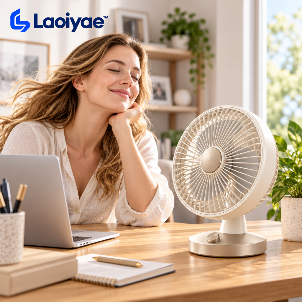 Laoiyae™ Ivory Desktop Fan with Champagne-Tone Round Base — lifestyle scene