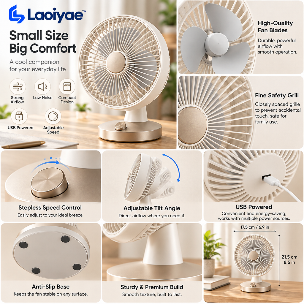 Laoiyae™ Ivory Desktop Fan with Champagne-Tone Round Base — supplied detail graphic; claims pending verification