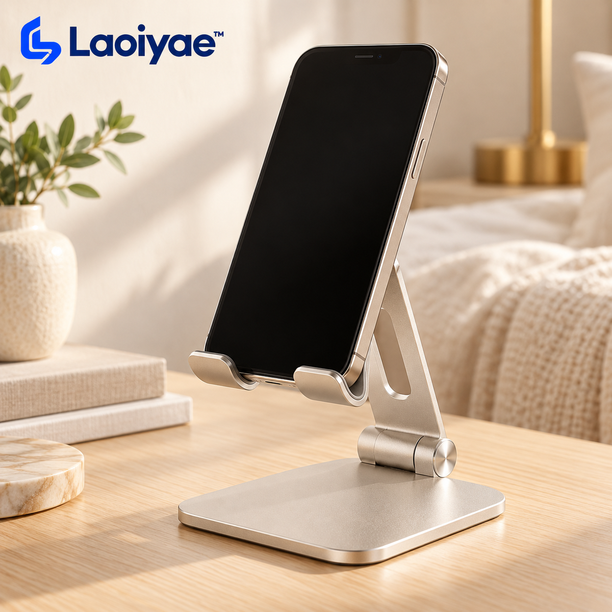 Laoiyae™ Adjustable Aluminum Desktop Phone Stand in Champagne Silver — logo product image