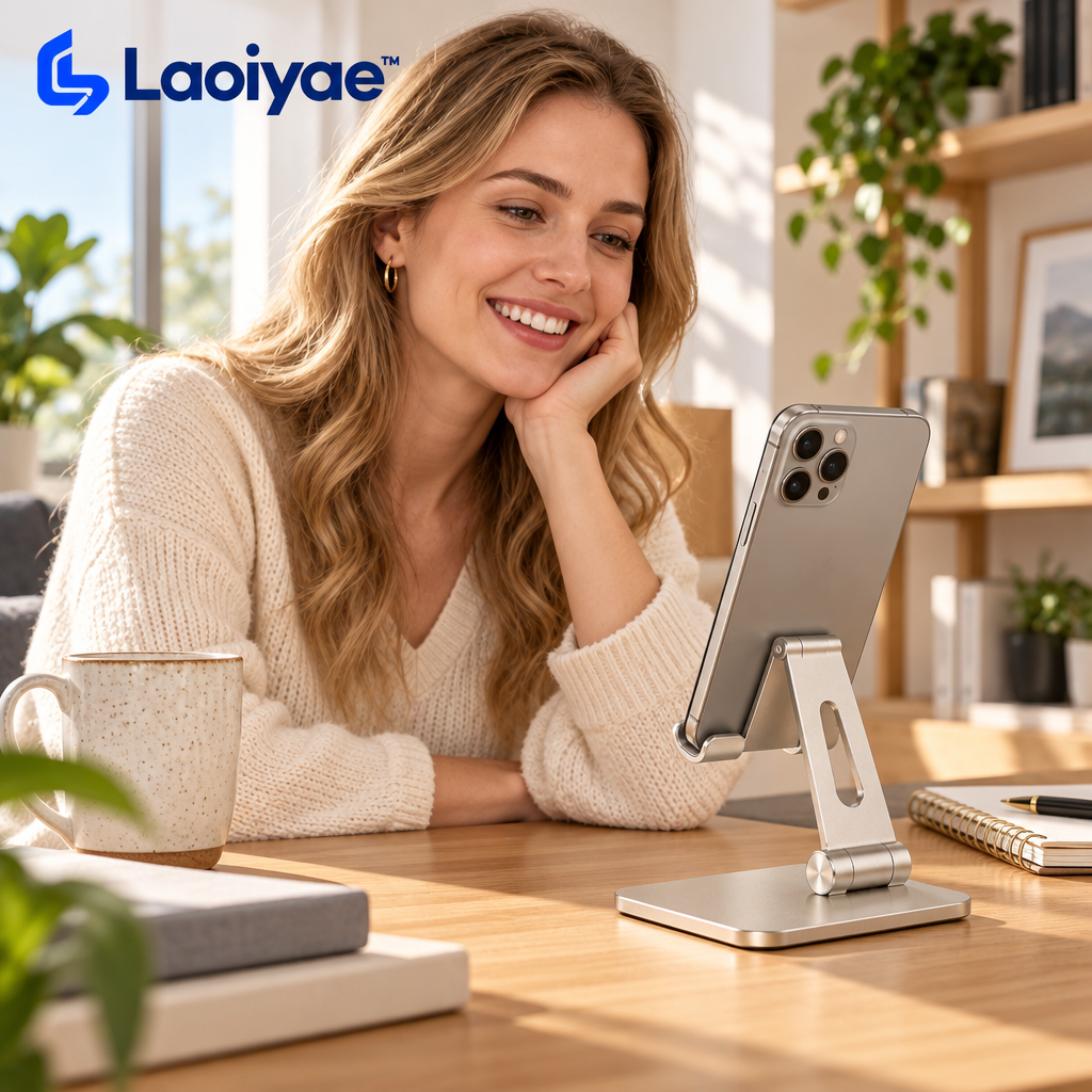 Laoiyae™ Adjustable Aluminum Desktop Phone Stand in Champagne Silver — lifestyle scene