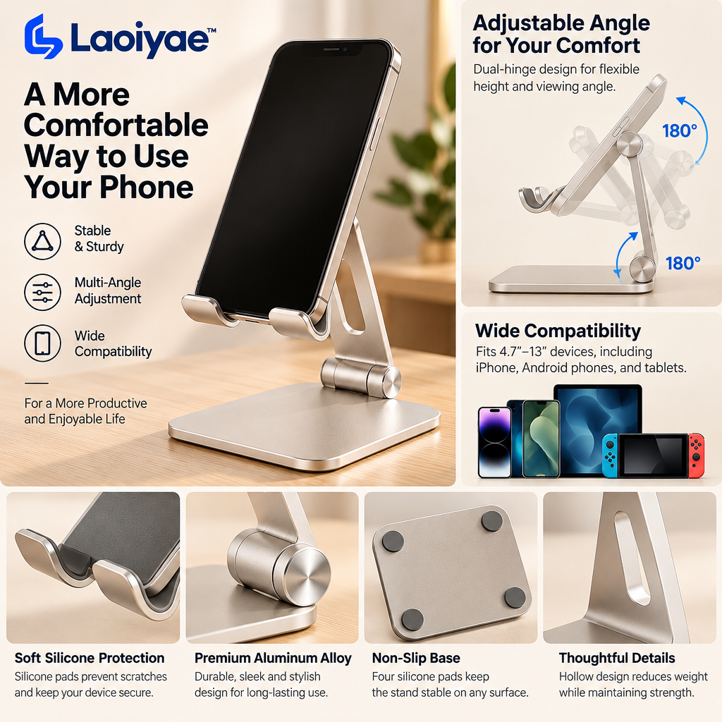 Laoiyae™ Adjustable Aluminum Desktop Phone Stand in Champagne Silver — supplied detail graphic; claims pending verification