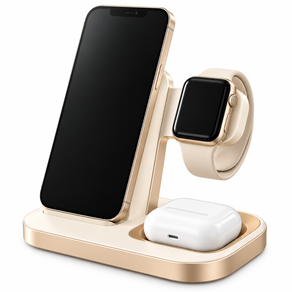 Laoiyae™ Three-in-One Wireless Charging Stand in Ivory and Champagne — full product view