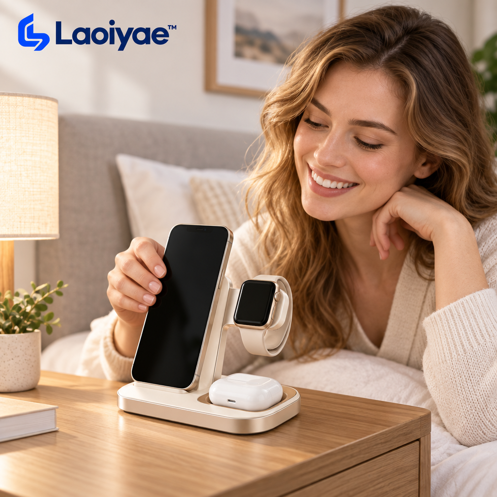 Laoiyae™ Three-in-One Wireless Charging Stand in Ivory and Champagne — lifestyle scene