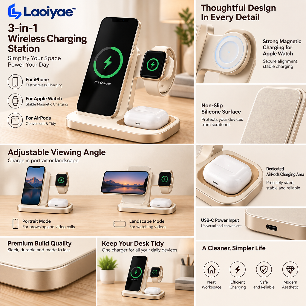 Laoiyae™ Three-in-One Wireless Charging Stand in Ivory and Champagne — supplied detail graphic; claims pending verification