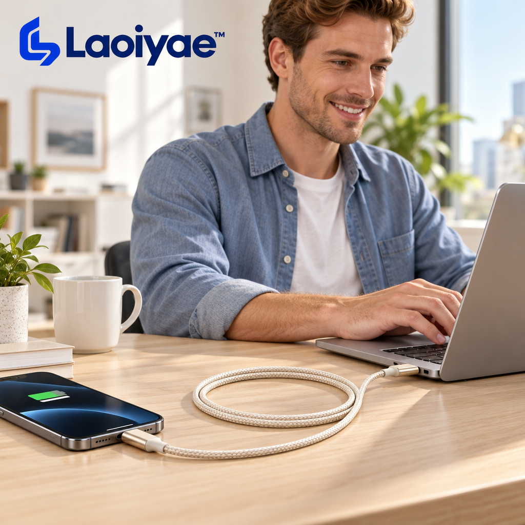 Laoiyae™ Ivory Braided USB-C to USB-C Charging Cable — lifestyle scene