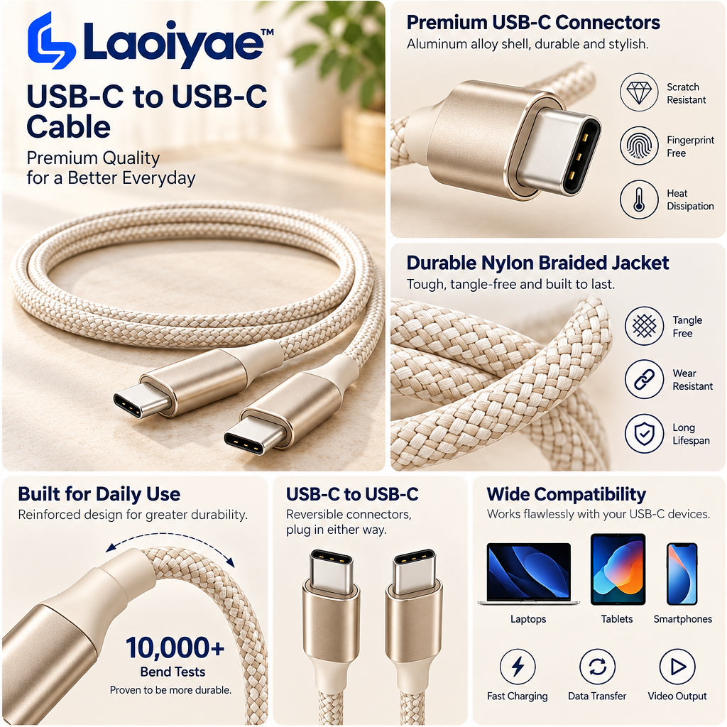 Laoiyae™ Ivory Braided USB-C to USB-C Charging Cable — supplied detail graphic; claims pending verification