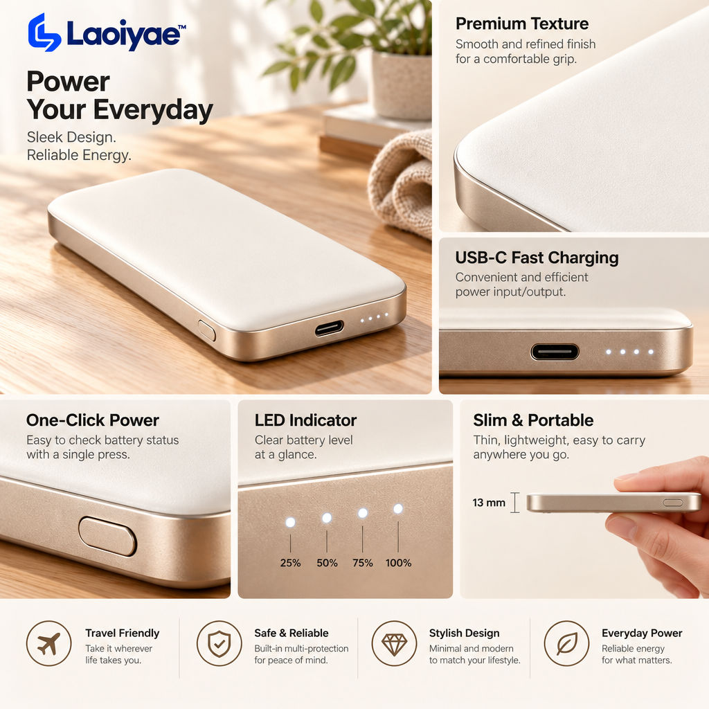 Laoiyae™ Compact Ivory Power Bank with USB-C Port — supplied detail graphic; claims pending verification