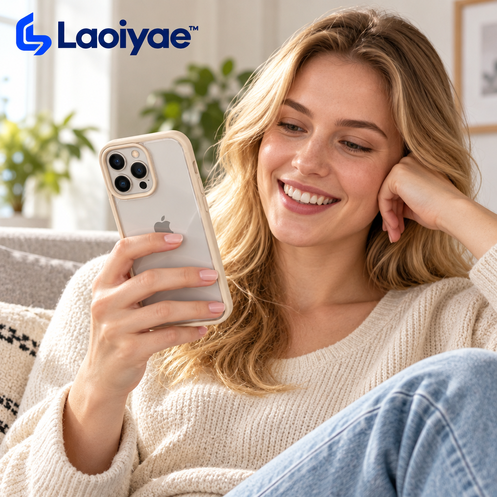 Laoiyae™ Clear Phone Case with Warm Beige Bumper — lifestyle scene
