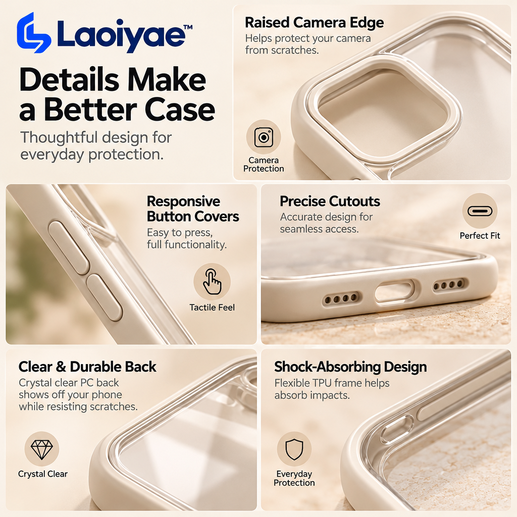 Laoiyae™ Clear Phone Case with Warm Beige Bumper — supplied detail graphic; claims pending verification