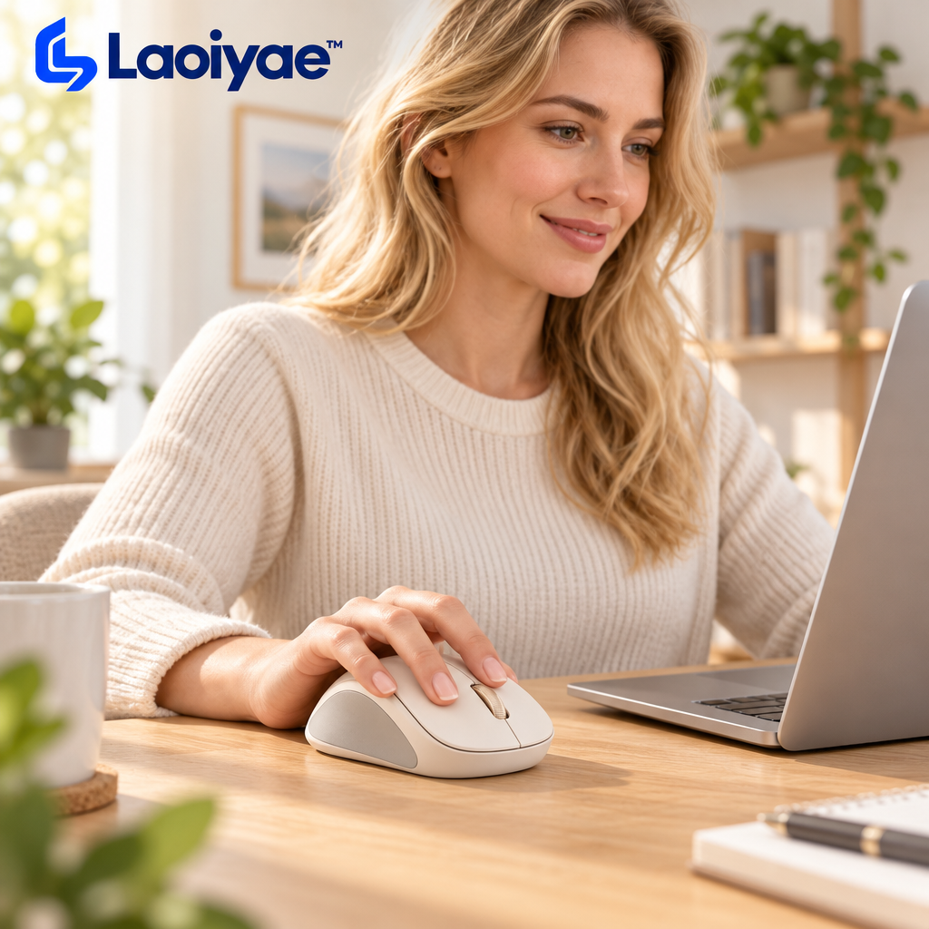 Laoiyae™ Ivory Wireless Office Mouse with Champagne Scroll Wheel — lifestyle scene