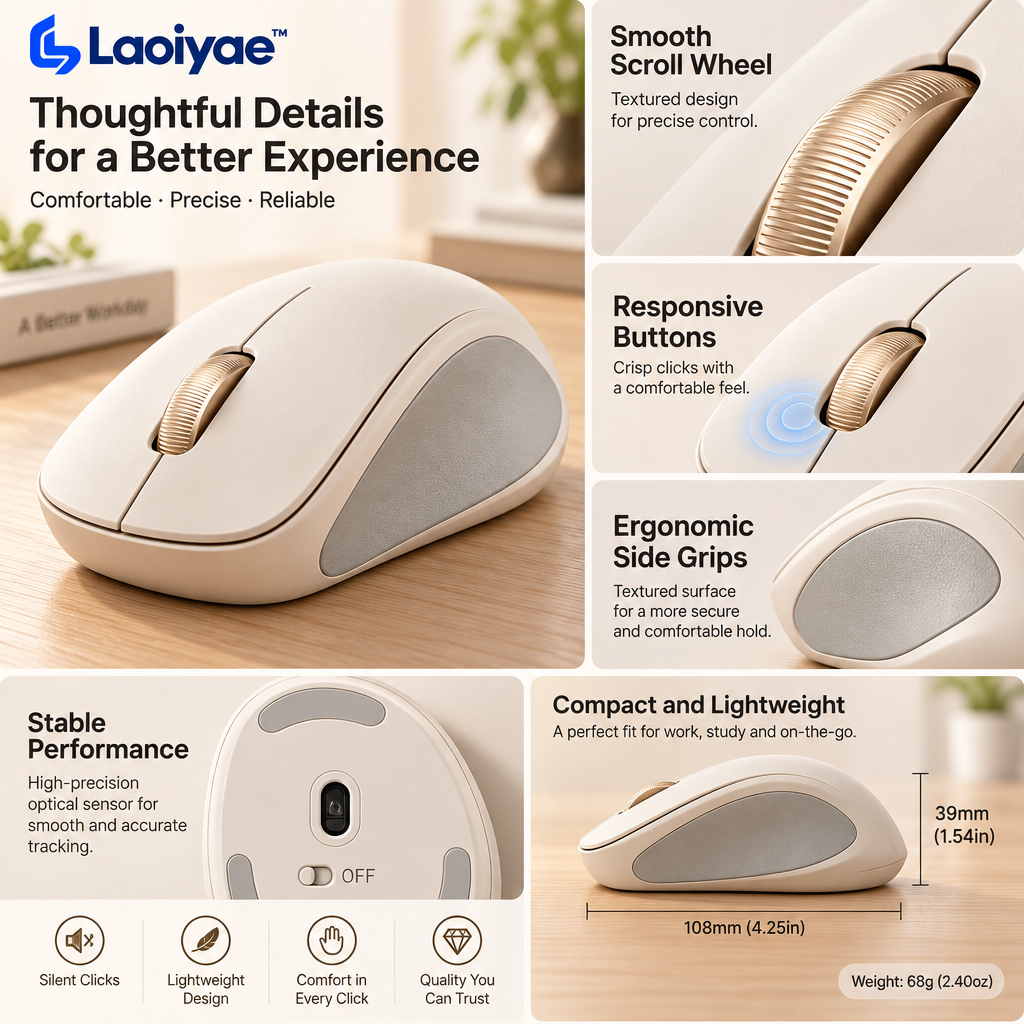 Laoiyae™ Ivory Wireless Office Mouse with Champagne Scroll Wheel — supplied detail graphic; claims pending verification