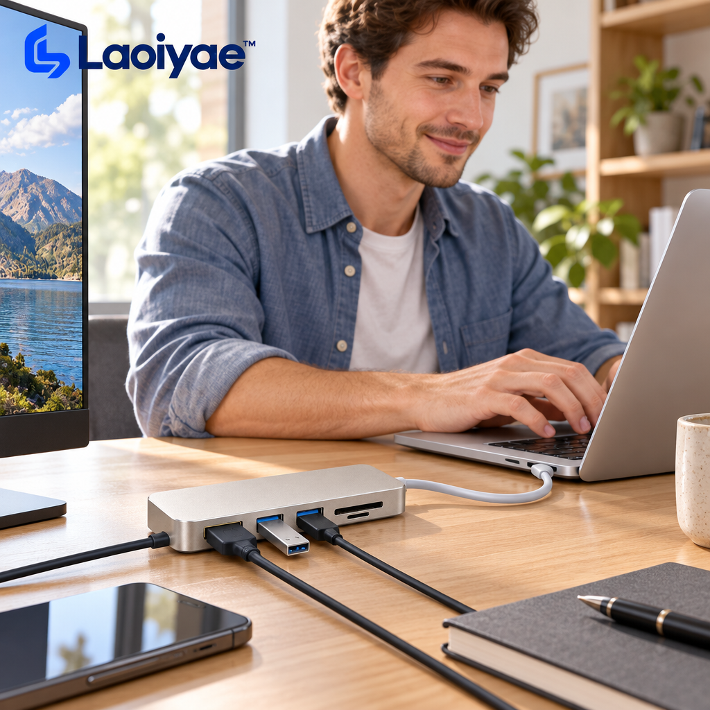 Laoiyae™ USB-C Multiport Hub with HDMI, USB-A and Memory Card Slots — lifestyle scene