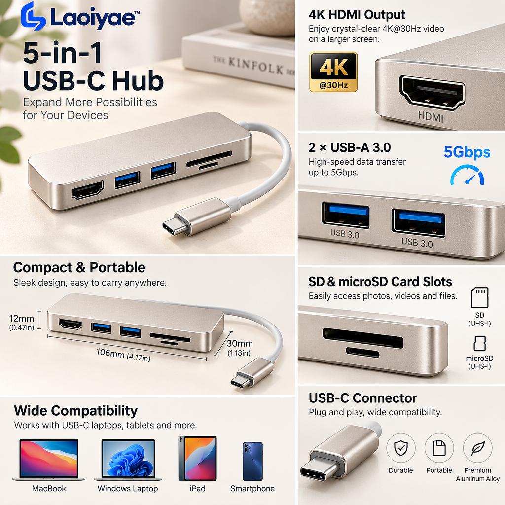 Laoiyae™ USB-C Multiport Hub with HDMI, USB-A and Memory Card Slots — supplied detail graphic; claims pending verification