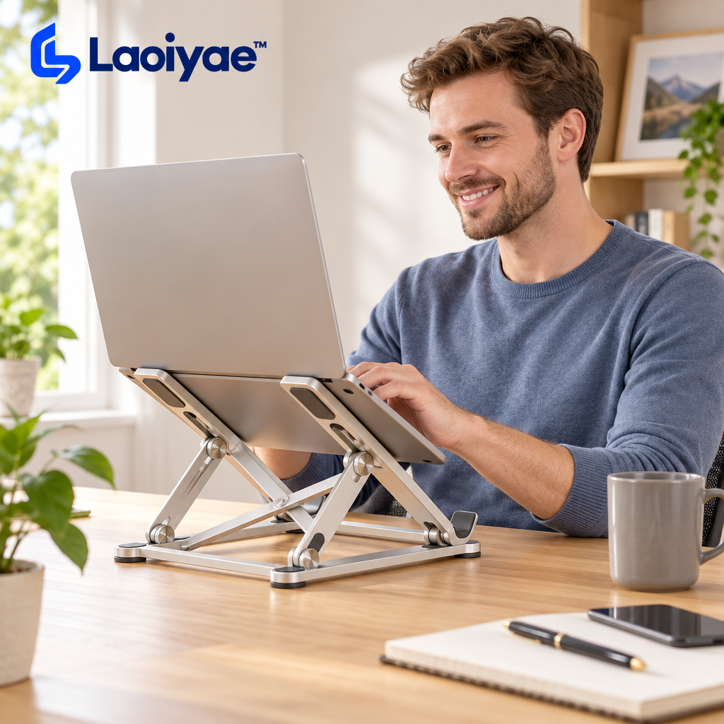 Laoiyae™ Folding Aluminum Laptop Stand in Champagne Silver — lifestyle scene