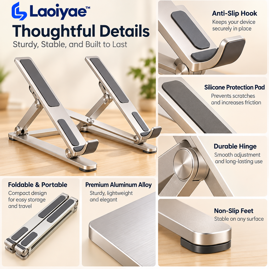 Laoiyae™ Folding Aluminum Laptop Stand in Champagne Silver — supplied detail graphic; claims pending verification