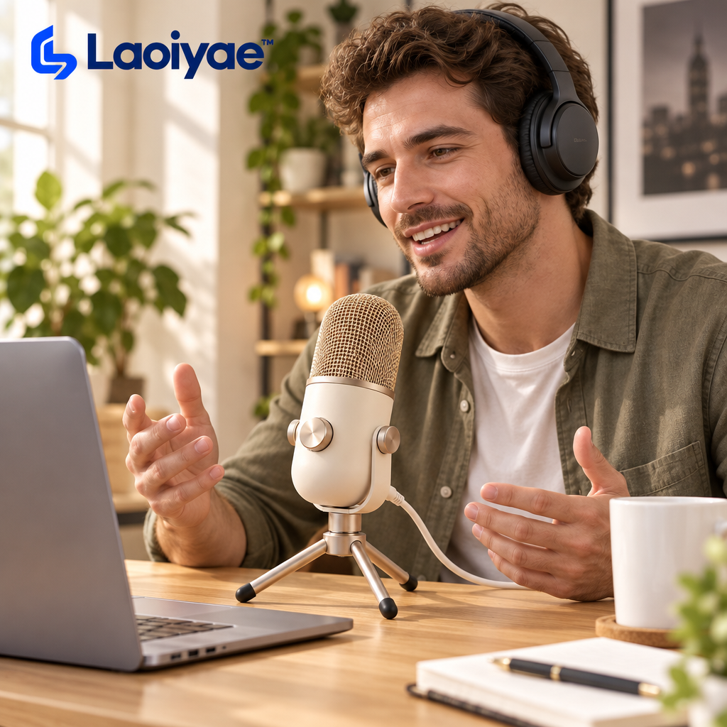 Laoiyae™ Ivory Desktop USB Microphone with Champagne Mesh Grille — lifestyle scene