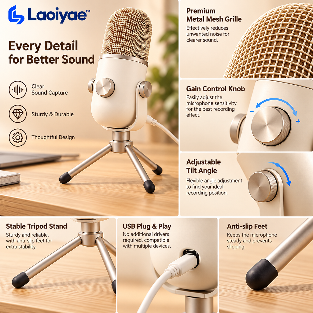 Laoiyae™ Ivory Desktop USB Microphone with Champagne Mesh Grille — supplied detail graphic; claims pending verification