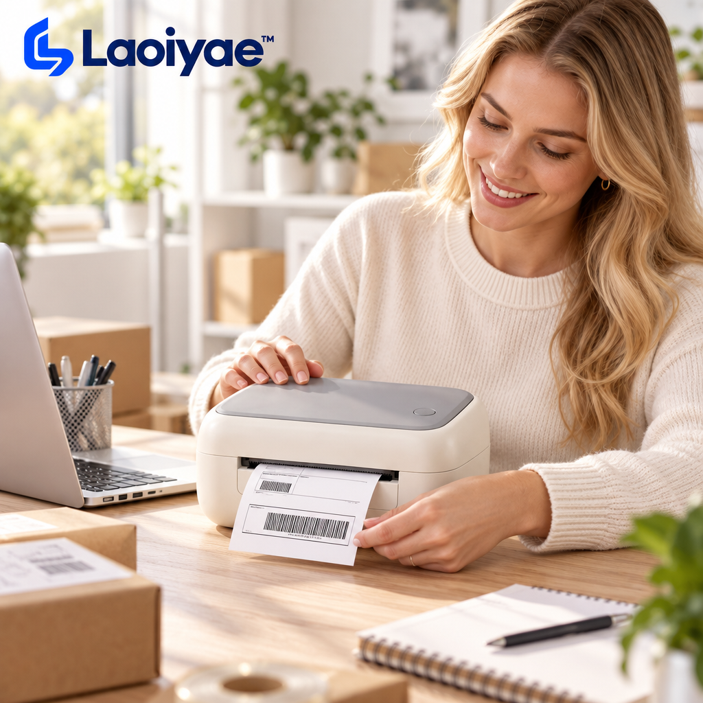 Laoiyae™ Compact Desktop Thermal Label Printer in Ivory — lifestyle scene