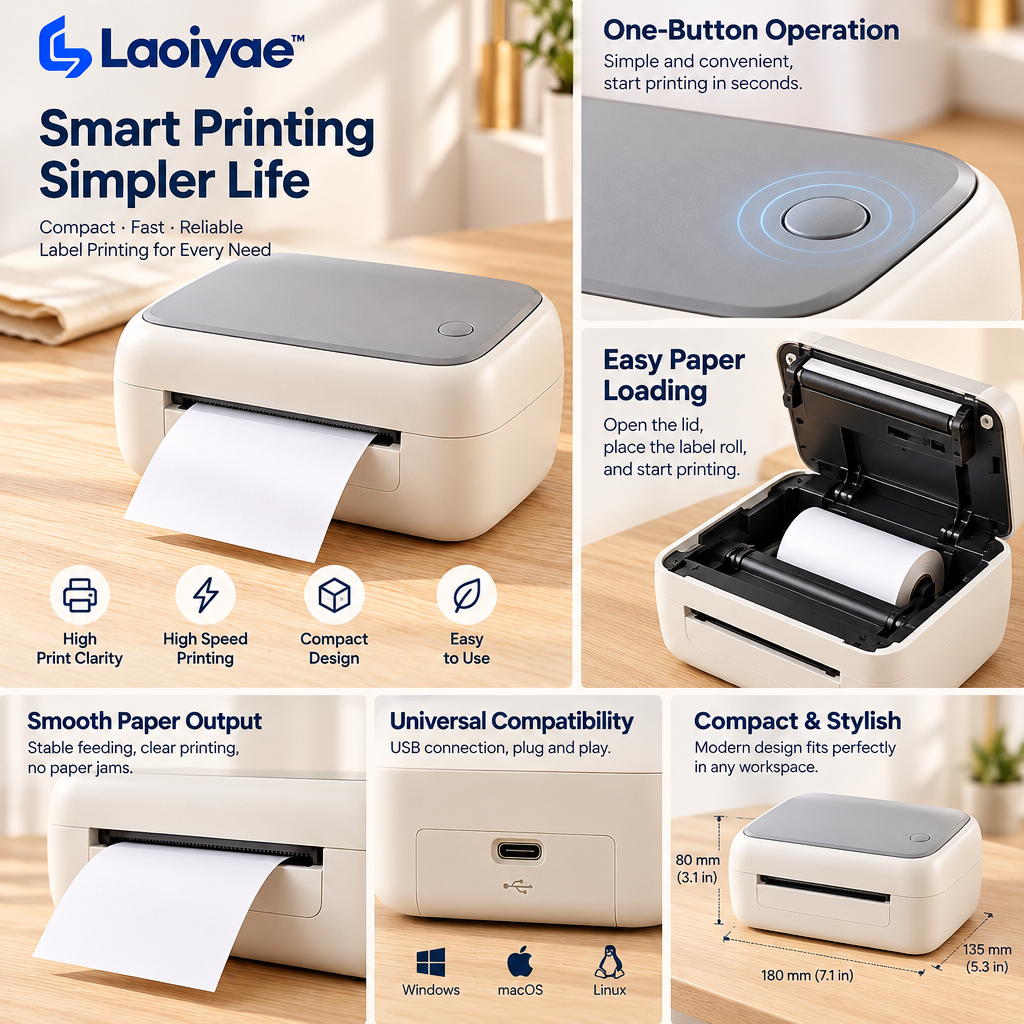 Laoiyae™ Compact Desktop Thermal Label Printer in Ivory — supplied detail graphic; claims pending verification